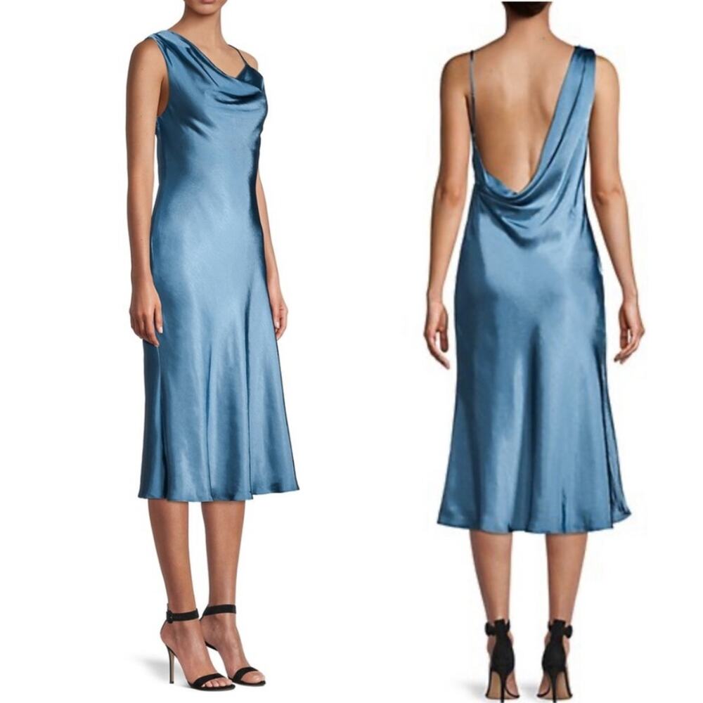 NEW Fame and Partners Carmen Blue Satin Cowl Neck Sleeveless Midi Dress 4